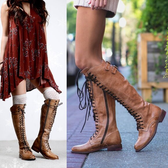 Bed Stu Della Boot Glastonbury Lace Up Knee High Leather Tan Rustic Size 7.5 - Picture 13 of 14